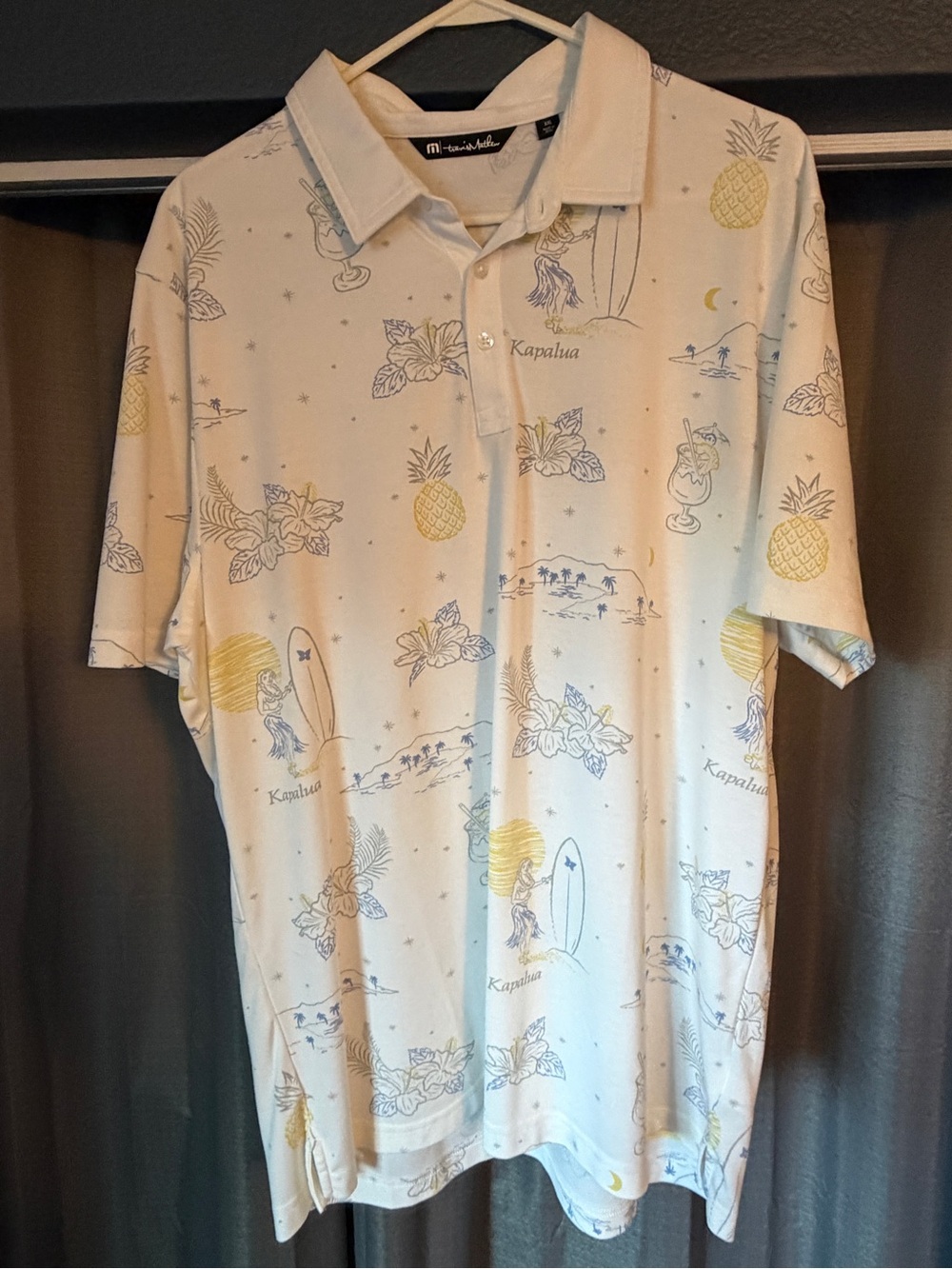 Travis Mathew White Polo with Yellow & Light Blue Island Print